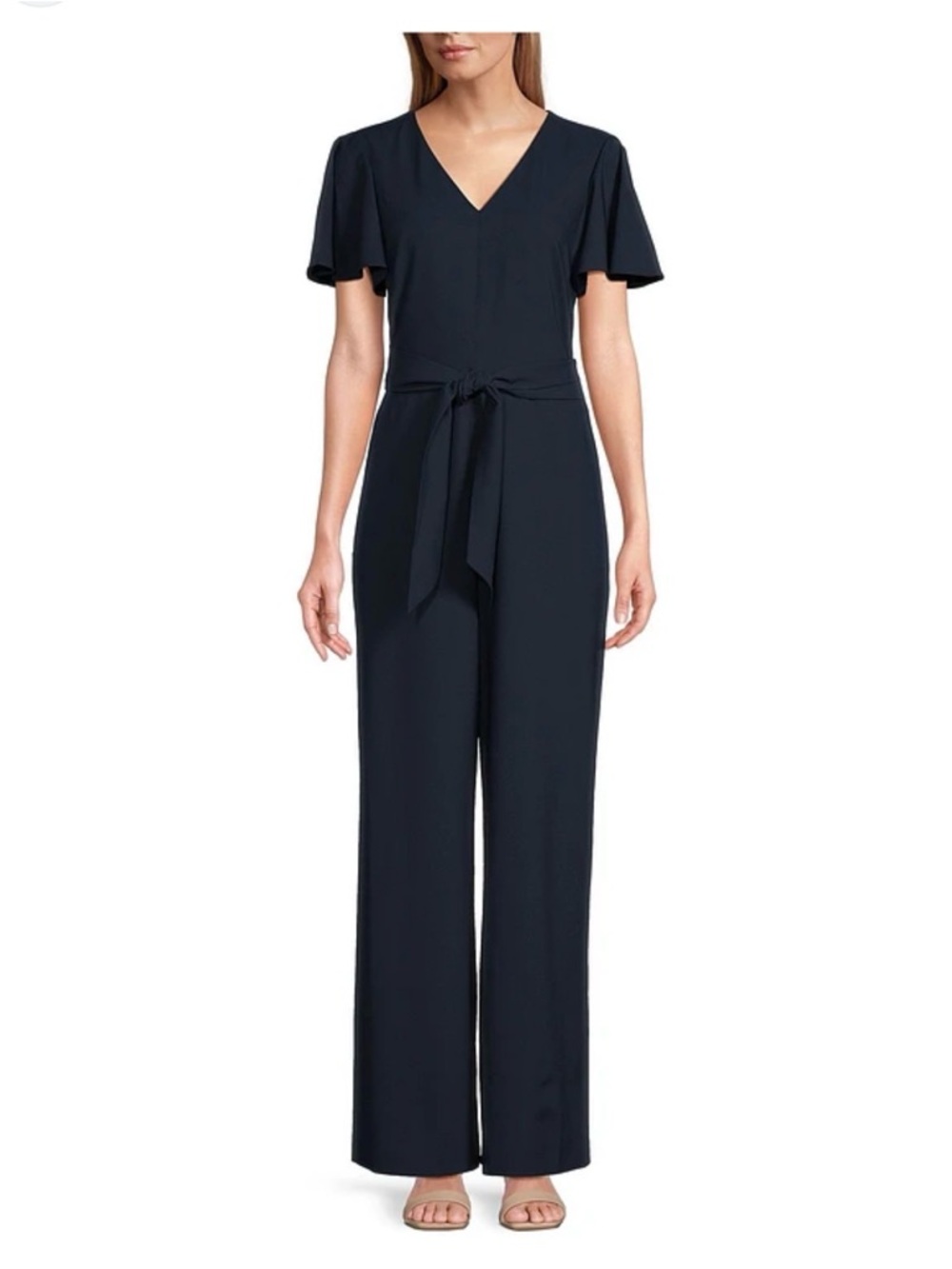 Preston & York Navy V-Neck Short Sleeve Tie-Waist Jumpsuit